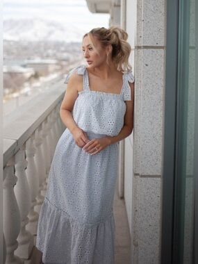 Powder Blue Eyelet Midi Dress Tie Straps